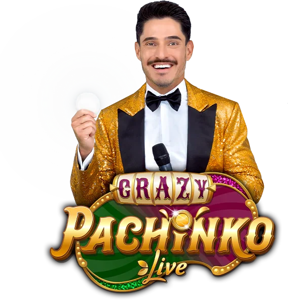 Crazy Pachinko Live Casino game host and puck wall logo